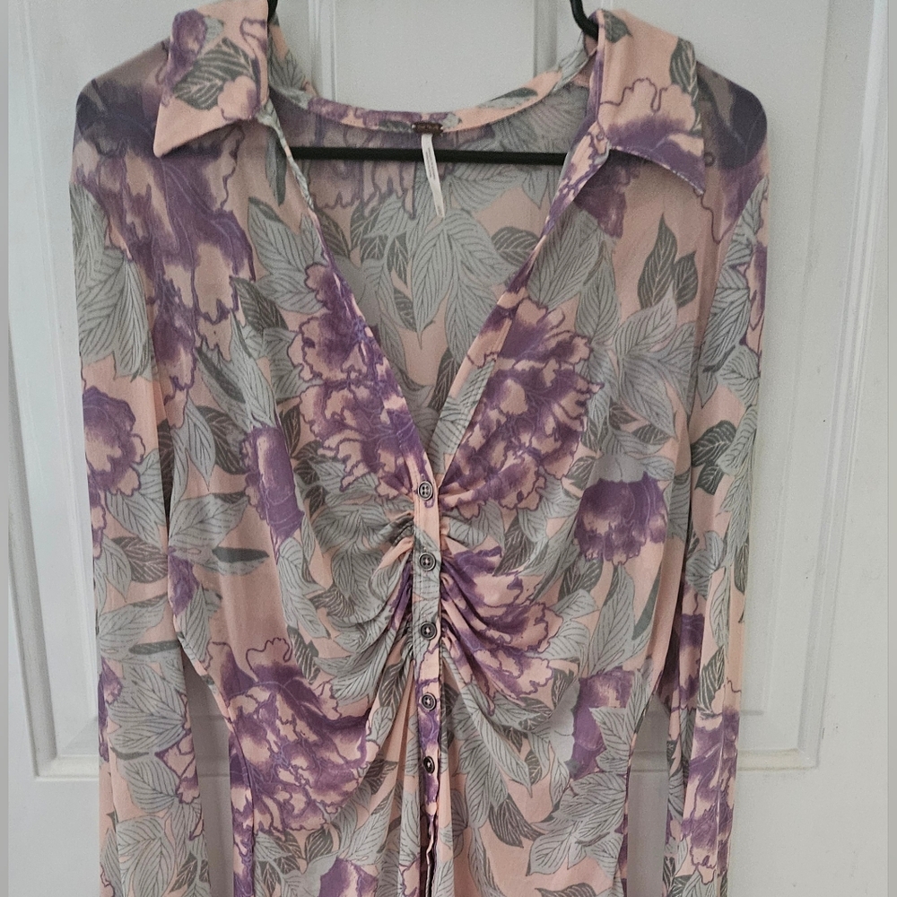 Free People Floral Button Up Ruched  Semi Sheer Lucky Shirtee XL - Picture 2 of 7